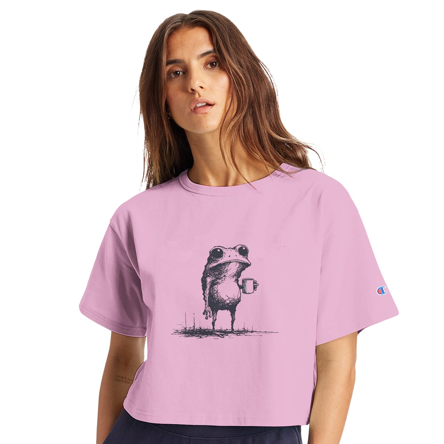 Frog drinking coffee in a ecosmart cropped shirt 